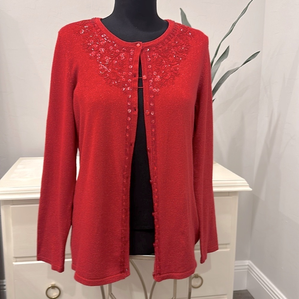 Jaclyn Smith Red Metallic Beaded & Sequin Cardigan Sweater Size Large